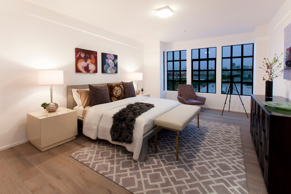 Inspiration for a medium sized contemporary master and grey and brown bedroom in San Francisco with white walls and medium hardwood flooring.