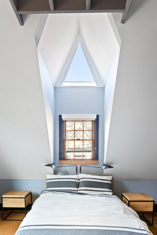 Modelo de dormitorio principal de estilo americano extra grande sin chimenea con paredes azules, suelo de madera clara y suelo marrón