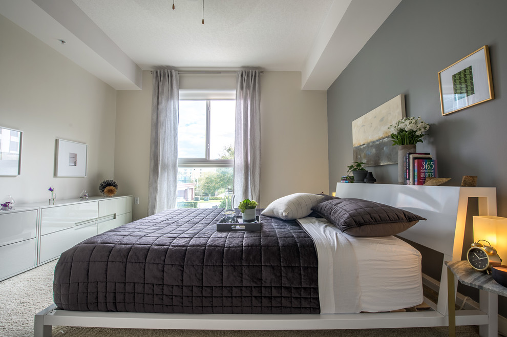 Modelo de dormitorio principal actual grande con paredes beige, moqueta y suelo beige