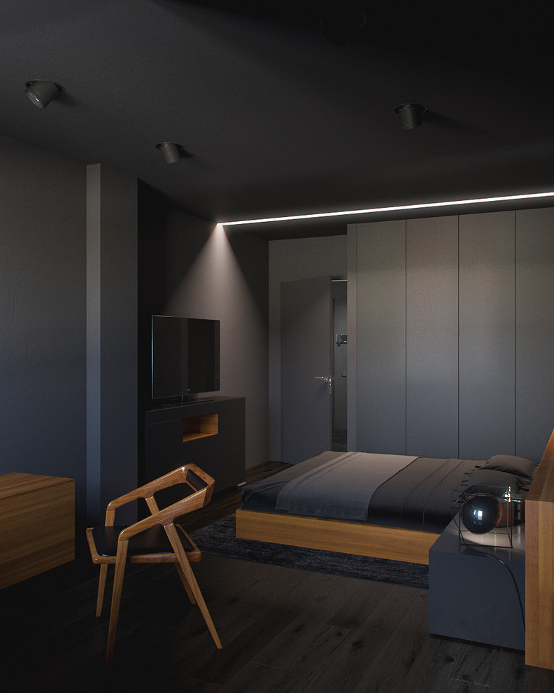 Пример оригинального дизайна: спальня среднего размера в современном стиле с черными стенами и темным паркетным полом