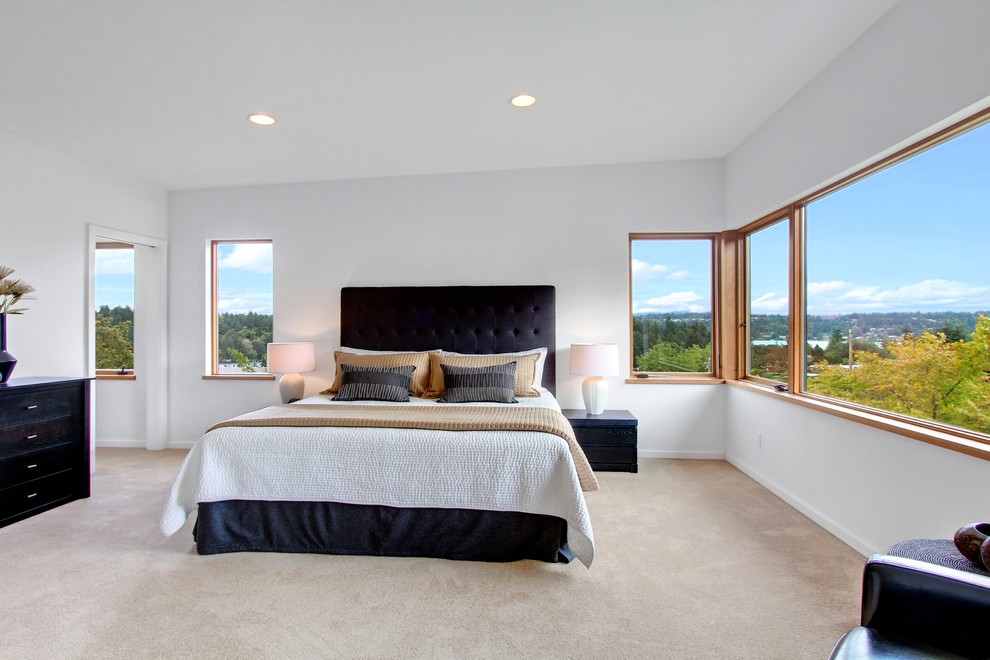 シアトルにあるコンテンポラリースタイルのおしゃれな寝室 (白い壁) のインテリア