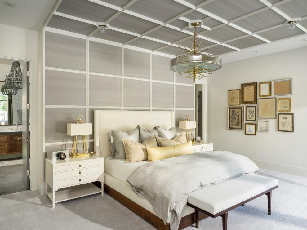 Réalisation d'une chambre avec moquette design avec un mur blanc et un sol gris.