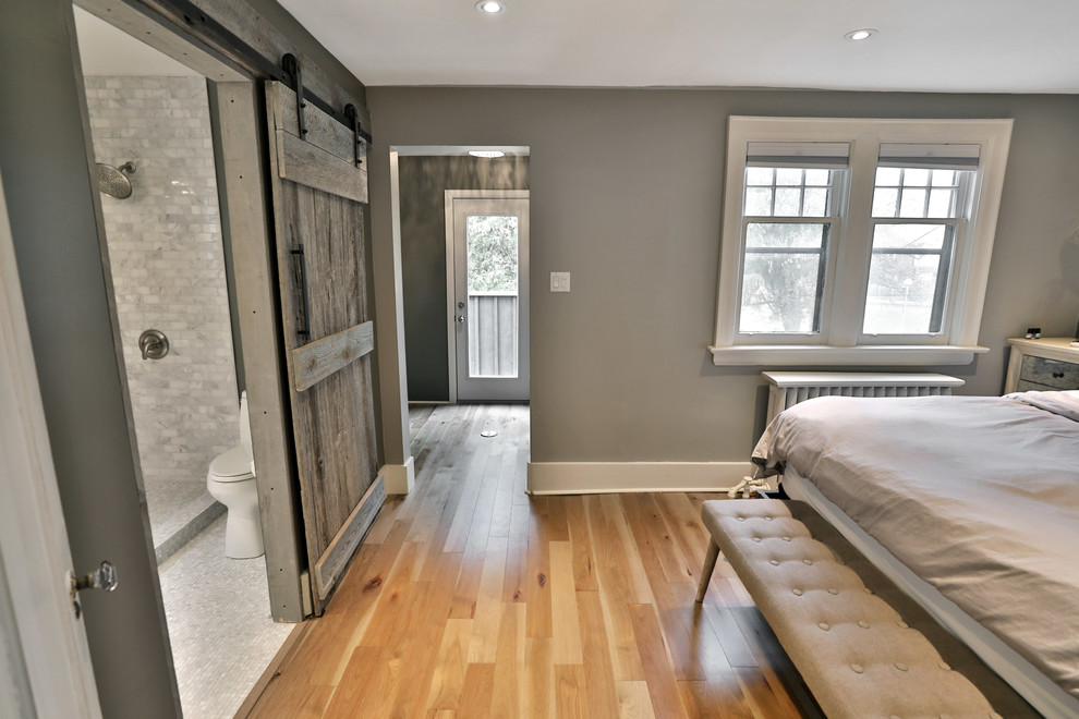 Foto de dormitorio principal moderno de tamaño medio con paredes grises y suelo de madera clara