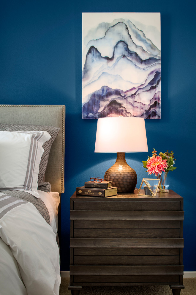 Esempio di una piccola camera matrimoniale contemporanea con pareti blu e moquette