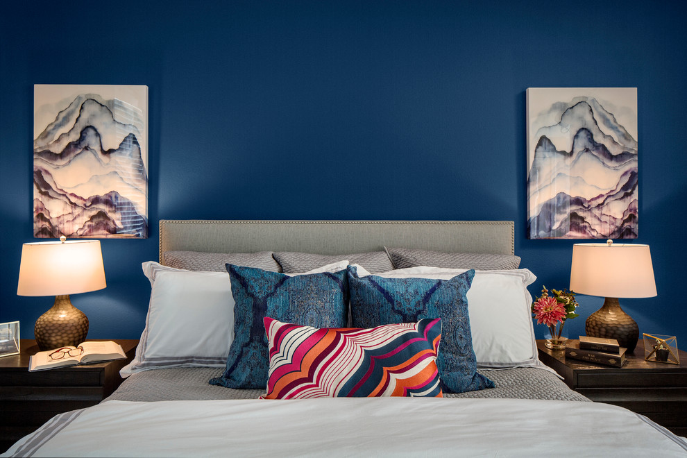 サンディエゴにある小さなコンテンポラリースタイルのおしゃれな主寝室 (青い壁、照明) のレイアウト