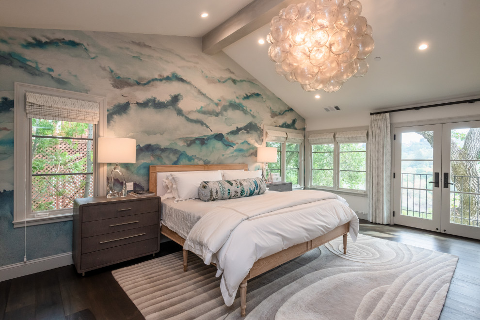 Inspiration for a transitional master bedroom in San Francisco with multi-coloured walls, dark hardwood floors, brown floor, vaulted and wallpaper.