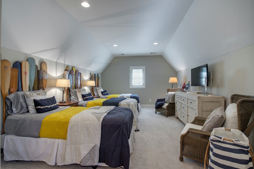 Inspiration for a large coastal guest bedroom in Minneapolis with grey walls and carpet.