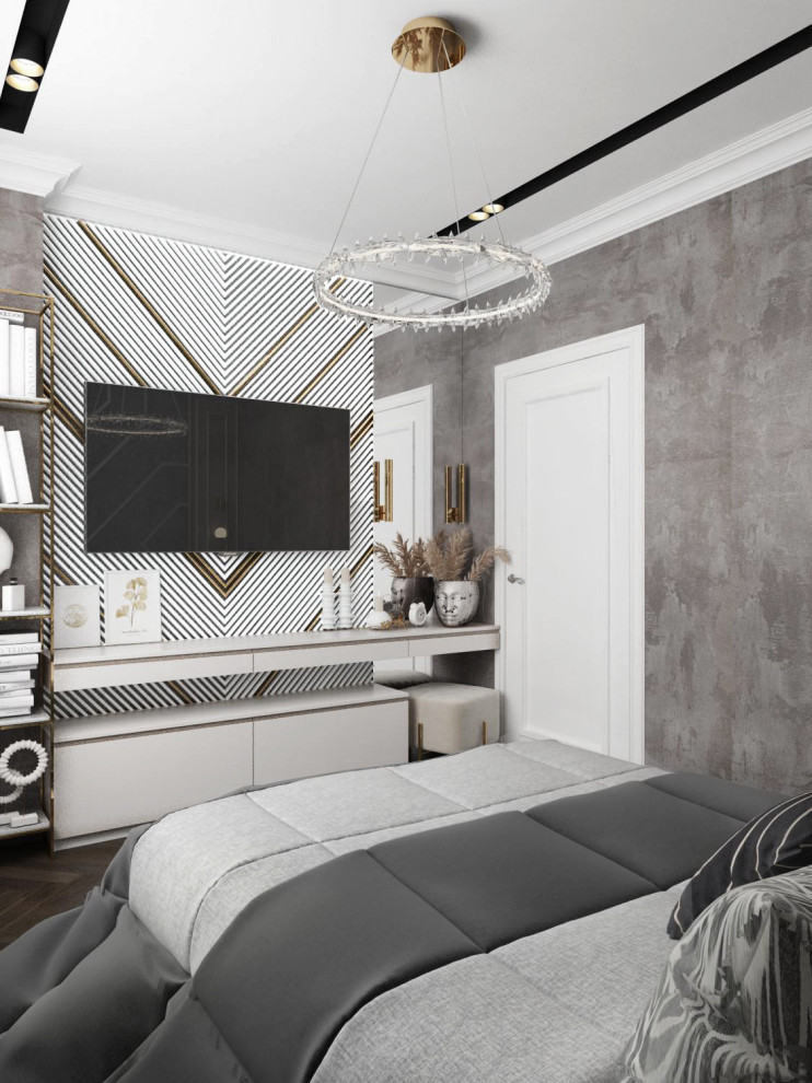 Foto di una piccola camera matrimoniale design con pareti beige, pavimento in legno massello medio e pavimento nero