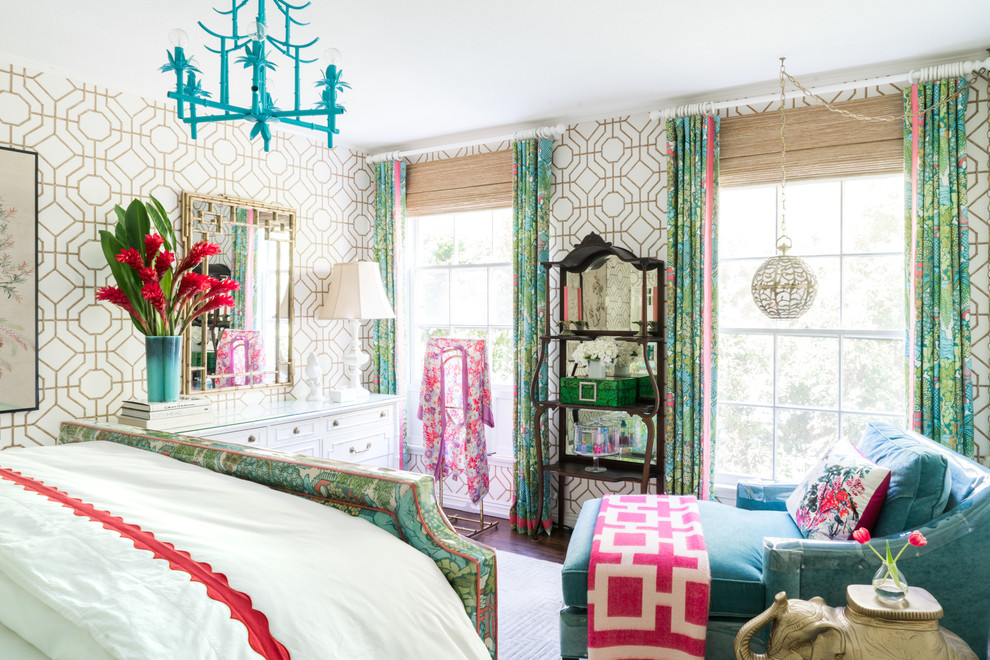 Bedroom - mid-sized eclectic master vinyl floor bedroom idea in Los Angeles with multicolored walls and no fireplace