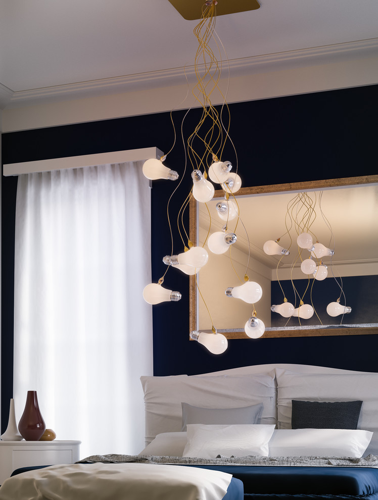 Ejemplo de dormitorio principal, moderno, pequeño, con paredes azules y moqueta