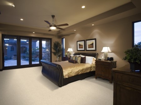 Imagen de dormitorio principal clásico grande sin chimenea con paredes marrones, moqueta y suelo beige
