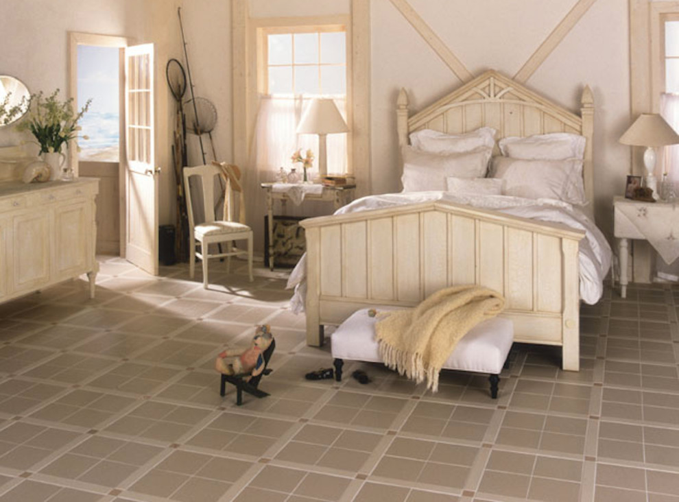 Design ideas for a medium sized rural guest bedroom in San Francisco with white walls, ceramic flooring, no fireplace and beige floors.