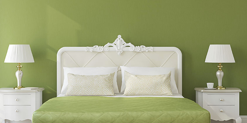 Modelo de habitación de invitados bohemia de tamaño medio sin chimenea con paredes verdes