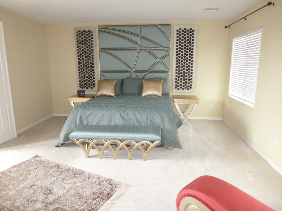 Mid-sized elegant master carpeted and beige floor bedroom photo in Las Vegas with yellow walls and no fireplace