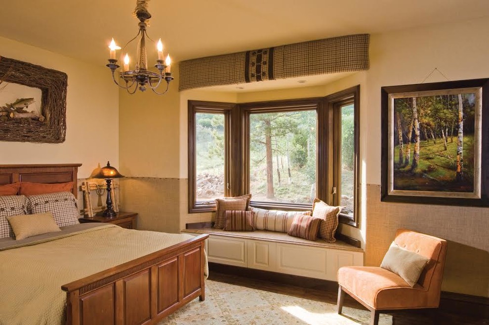Photo of a large classic master bedroom in Portland with beige walls, dark hardwood flooring, no fireplace and brown floors.