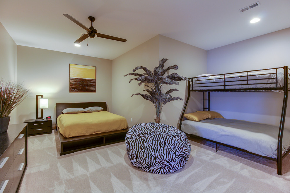 Example of a mid-sized trendy guest carpeted bedroom design in Indianapolis with gray walls
