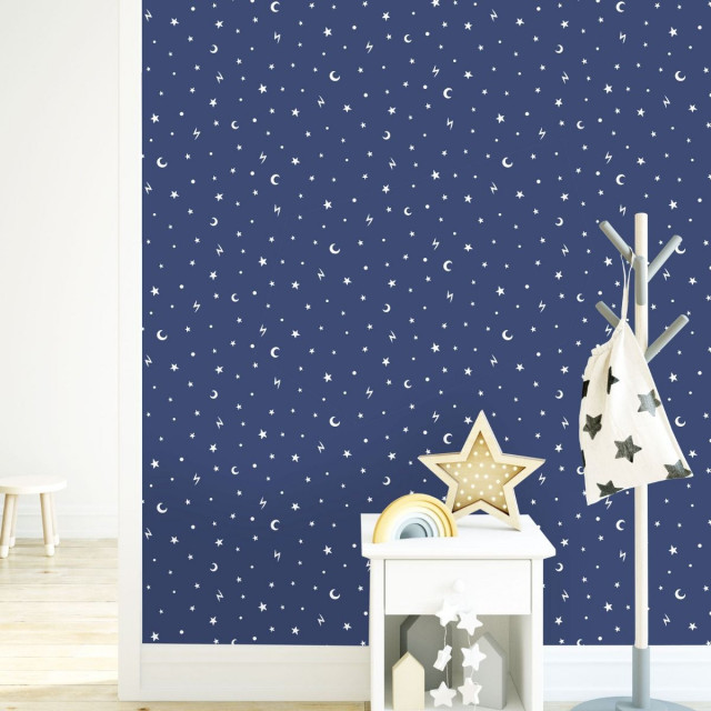 Over the Rainbow Stars and Moons Glow in the Dark Wallpaper Navy Modern Schlafzimmer