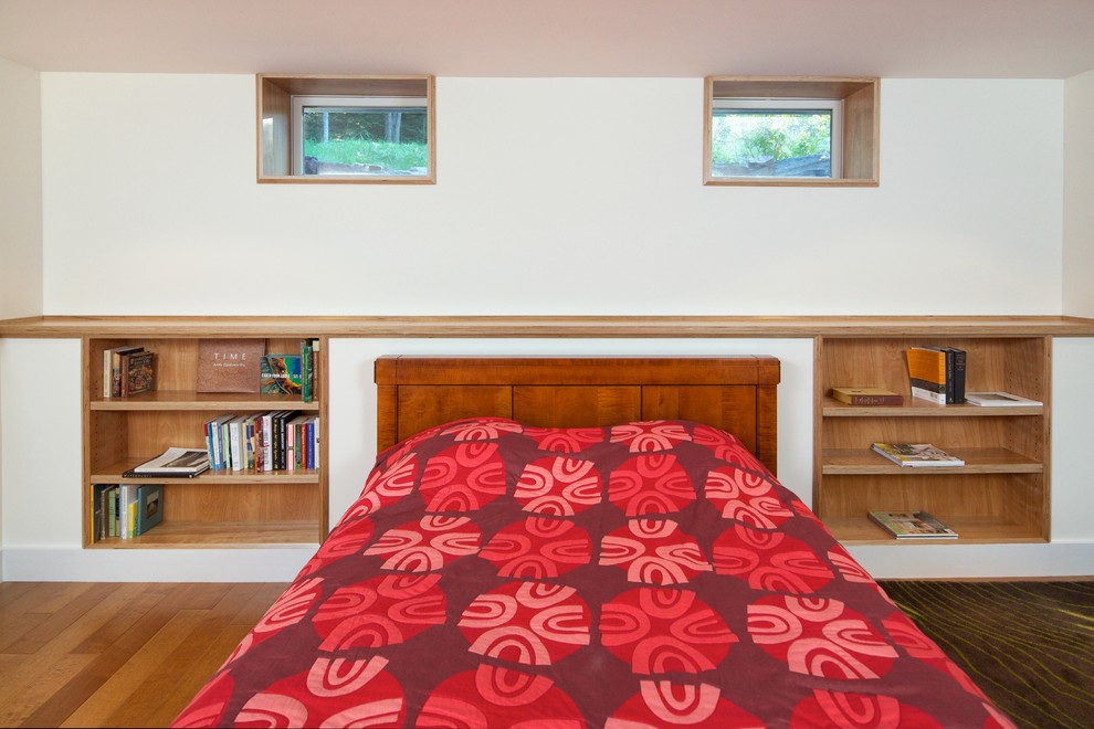 Пример оригинального дизайна: большая гостевая спальня (комната для гостей) в современном стиле с белыми стенами, паркетным полом среднего тона и синим полом без камина