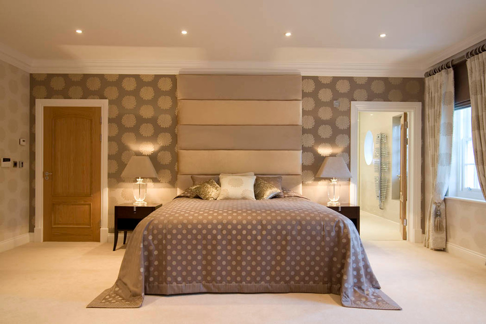 Design ideas for a contemporary bedroom in London with no fireplace.