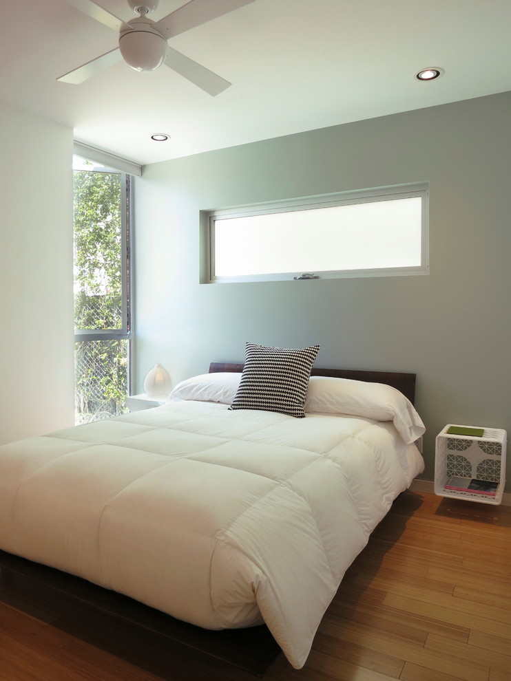 Modelo de dormitorio minimalista con paredes grises y suelo de madera en tonos medios