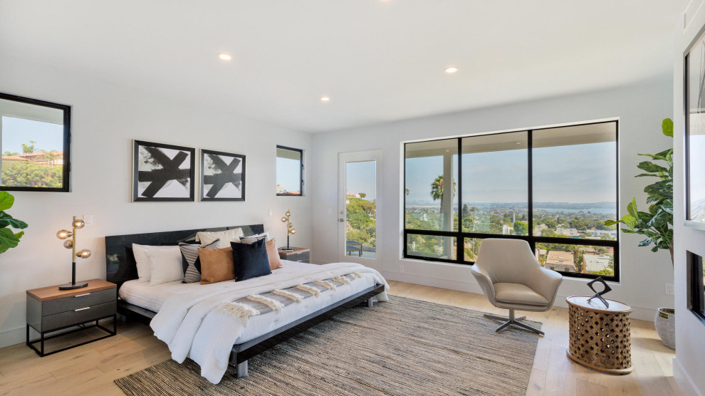 サンディエゴにある広いコンテンポラリースタイルのおしゃれな主寝室 (白い壁、淡色無垢フローリング、標準型暖炉、漆喰の暖炉まわり、茶色い床)