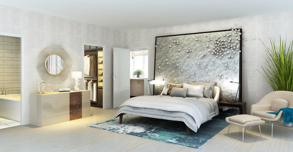 Стильный дизайн: хозяйская спальня среднего размера в стиле модернизм с белыми стенами, белым полом и полом из ламината без камина - последний тренд