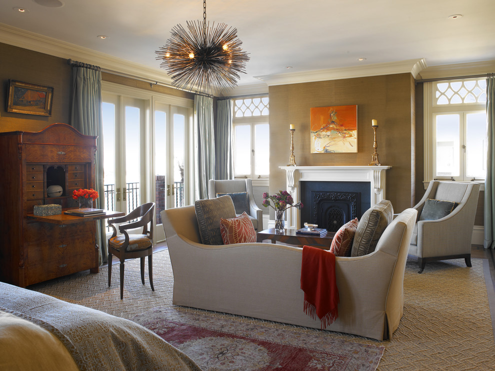Bedroom - traditional bedroom idea in San Francisco with brown walls and a standard fireplace