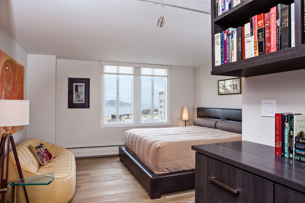 Foto de dormitorio principal actual de tamaño medio sin chimenea con paredes blancas, suelo de madera clara y suelo marrón