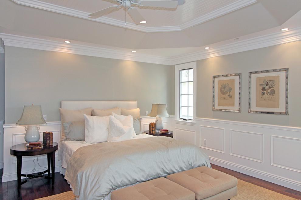 Foto de dormitorio principal clásico grande con paredes beige y suelo de madera oscura