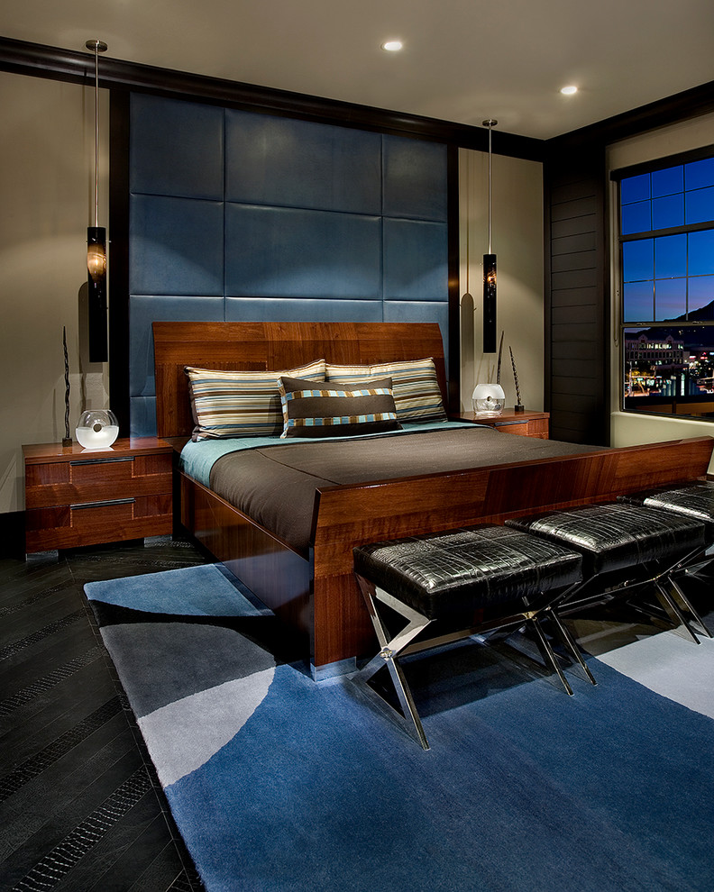 Mid-sized trendy guest black floor bedroom photo in Phoenix with gray walls