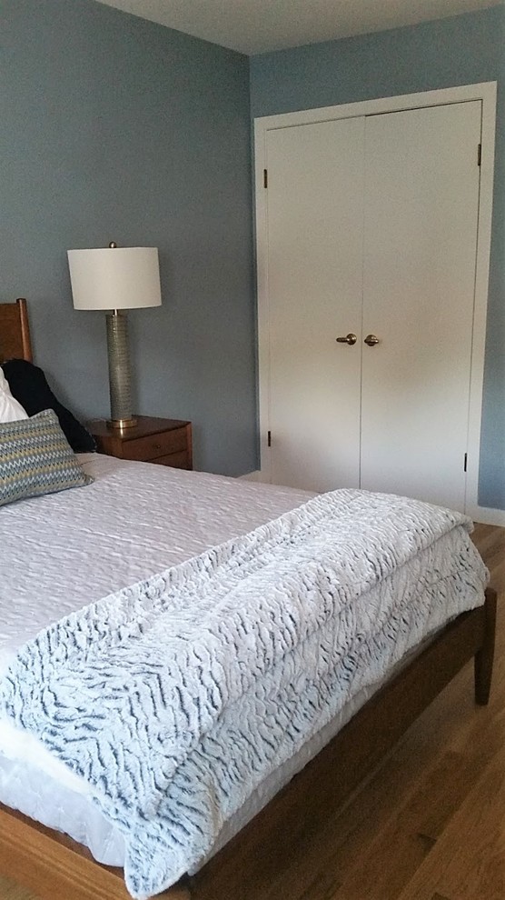 This is an example of a medium sized modern guest bedroom in New York with blue walls and medium hardwood flooring.