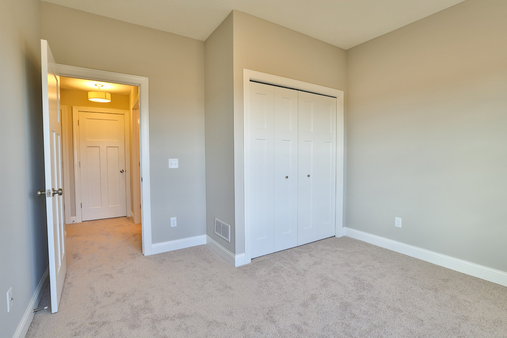 Example of a small minimalist guest carpeted bedroom design in Minneapolis with beige walls