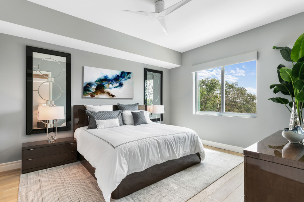 Medium sized contemporary master bedroom in Tampa with grey walls, light hardwood flooring, no fireplace and brown floors.