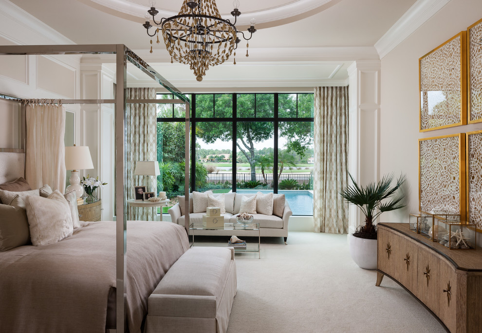 Transitional master carpeted and beige floor bedroom photo in Miami with beige walls