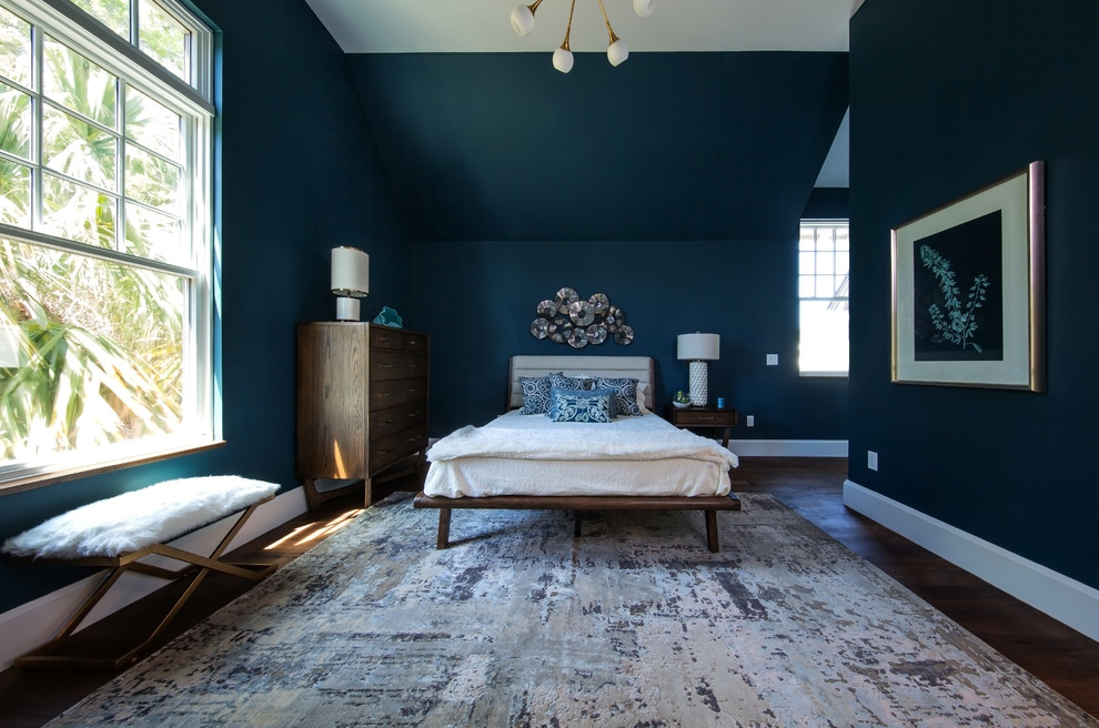 Design ideas for a medium sized traditional guest bedroom in Charleston with green walls, dark hardwood flooring, no fireplace and brown floors.