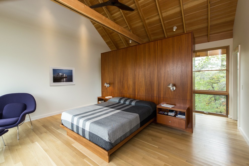 Свежая идея для дизайна: хозяйская спальня среднего размера в стиле модернизм с белыми стенами, светлым паркетным полом и бежевым полом без камина - отличное фото интерьера
