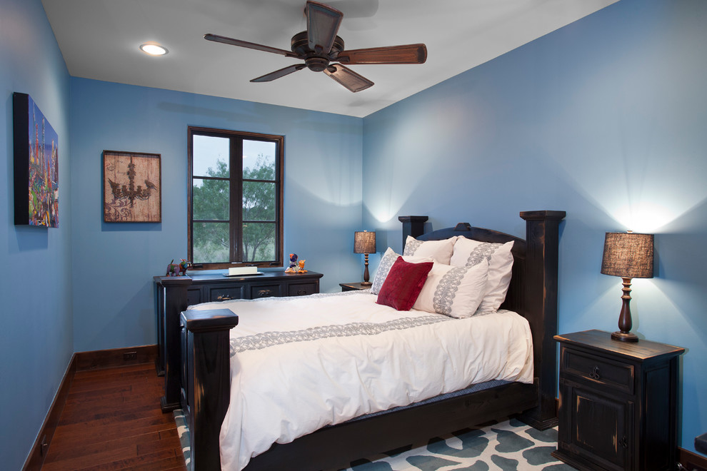 Inspiration for a bedroom in Austin with blue walls and dark hardwood flooring.