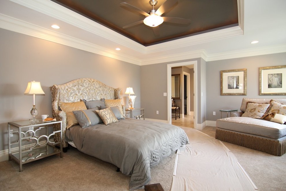 Design ideas for a large classic master bedroom in Other with grey walls, carpet, no fireplace and beige floors.
