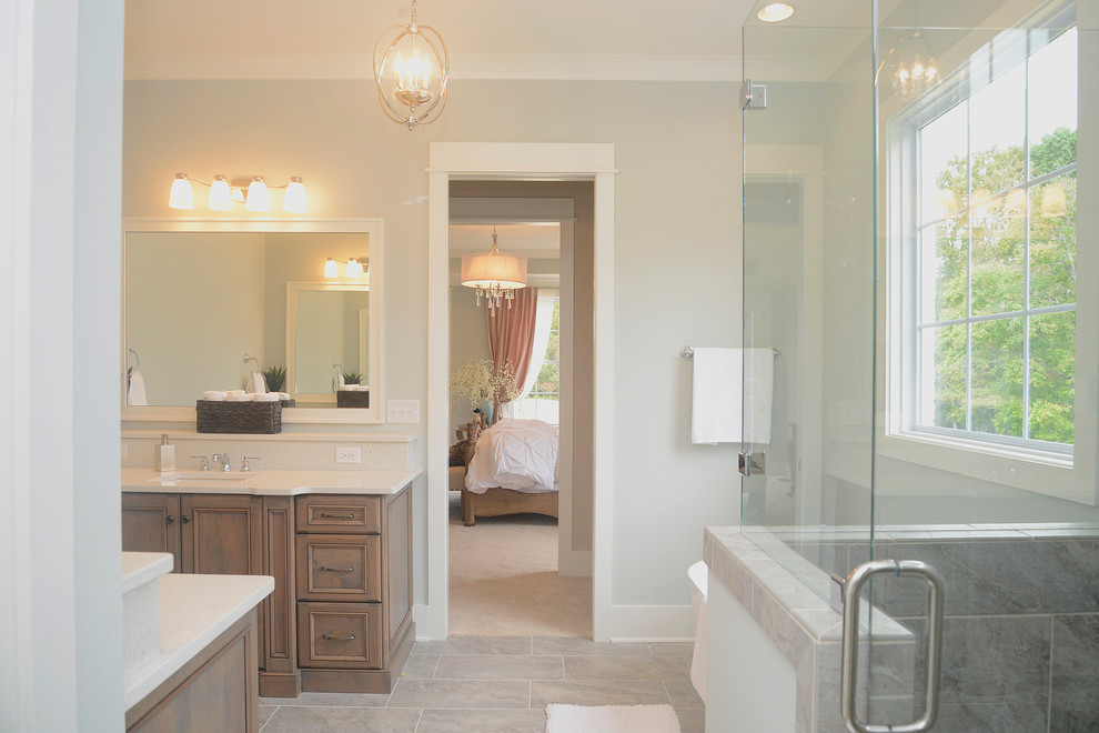 Mid-sized french country bathroom photo in Raleigh with gray walls