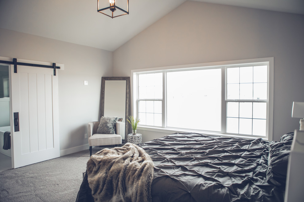 На фото: хозяйская спальня среднего размера в современном стиле с серыми стенами, ковровым покрытием и серым полом без камина