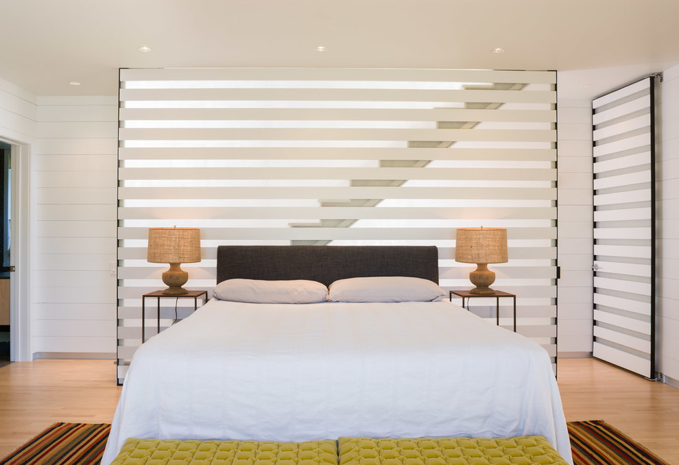 Foto på ett skandinaviskt sovrum, med vita väggar och ljust trägolv