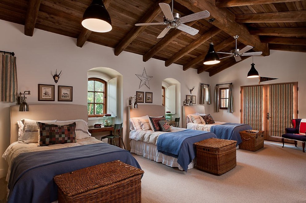 フェニックスにあるサンタフェスタイルのおしゃれな客用寝室 (白い壁、カーペット敷き) のレイアウト