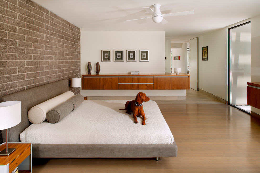 Стильный дизайн: спальня в стиле модернизм с белыми стенами, светлым паркетным полом и акцентной стеной - последний тренд