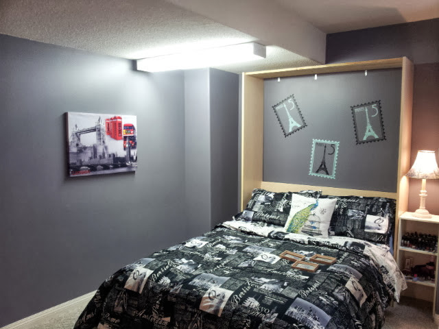 Источник вдохновения для домашнего уюта: гостевая спальня (комната для гостей) в стиле фьюжн с фиолетовыми стенами и ковровым покрытием