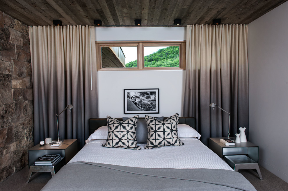 ソルトレイクシティにあるコンテンポラリースタイルのおしゃれな客用寝室 (白い壁、カーペット敷き、暖炉なし)