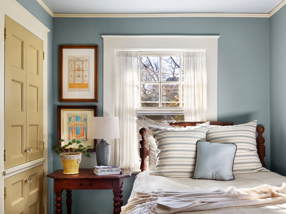 ニューヨークにあるトラディショナルスタイルのおしゃれな寝室 (青い壁) のレイアウト