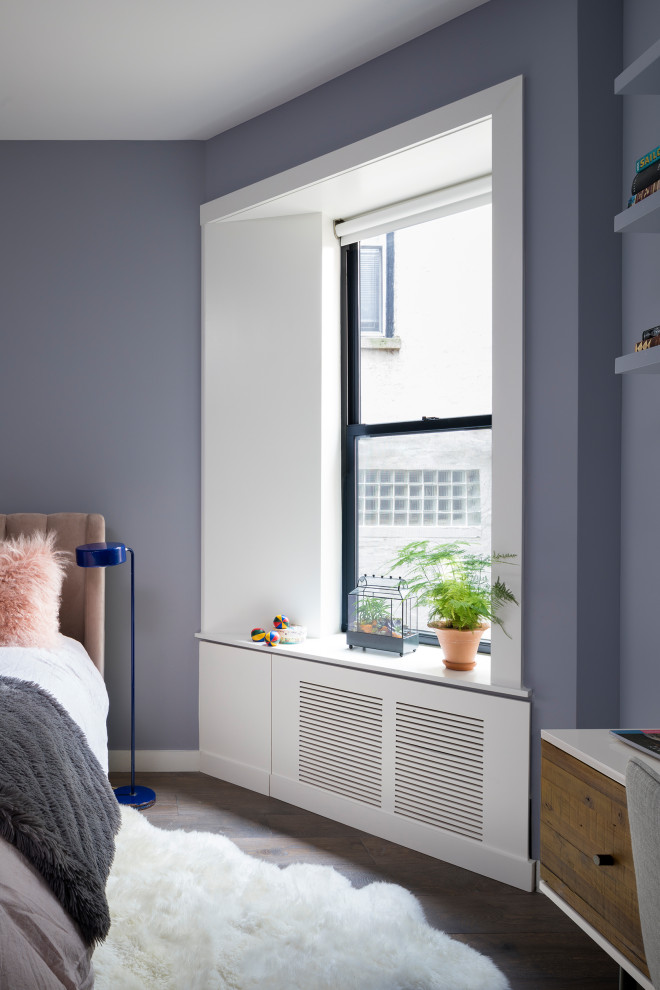 Bedroom - contemporary dark wood floor bedroom idea in New York with purple walls