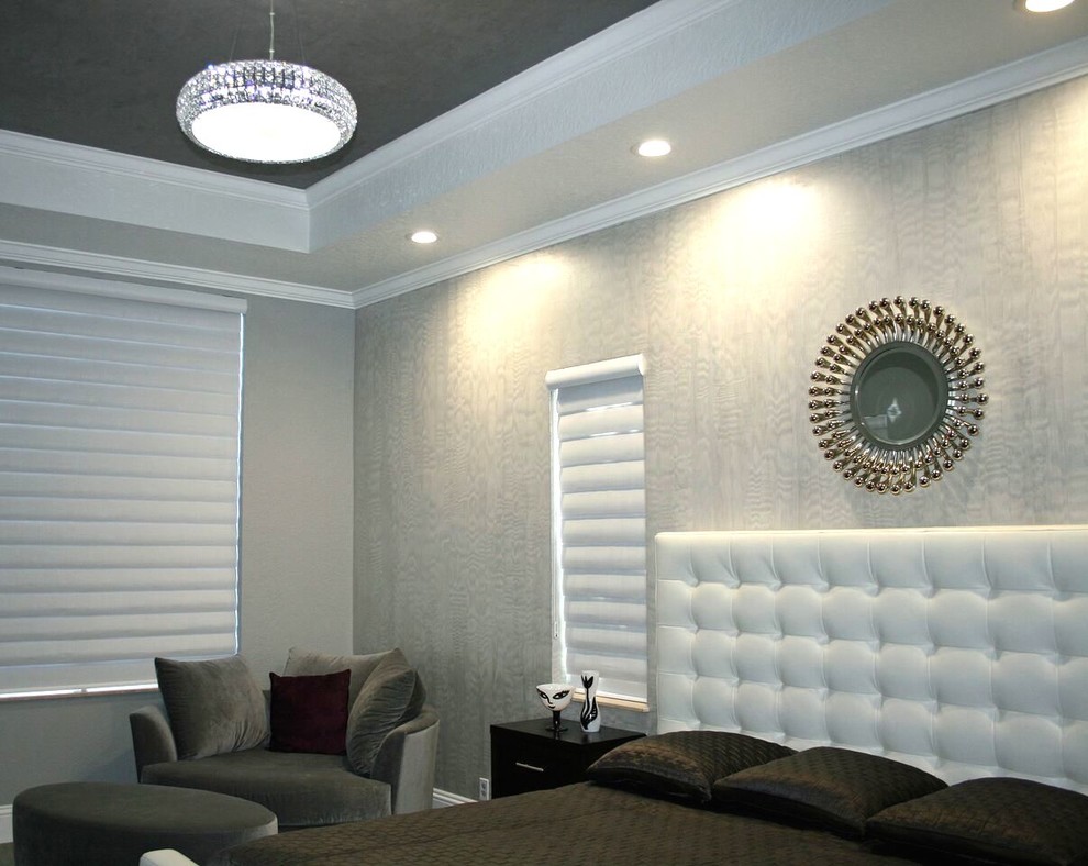 Inspiration for a medium sized contemporary master bedroom in Miami with grey walls.