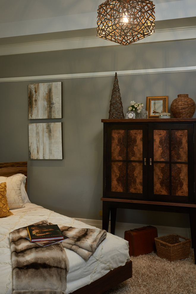 Foto di una piccola camera degli ospiti moderna con pareti grigie, moquette e nessun camino