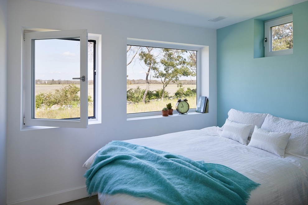 Imagen de habitación de invitados campestre sin chimenea con paredes azules y suelo de madera oscura